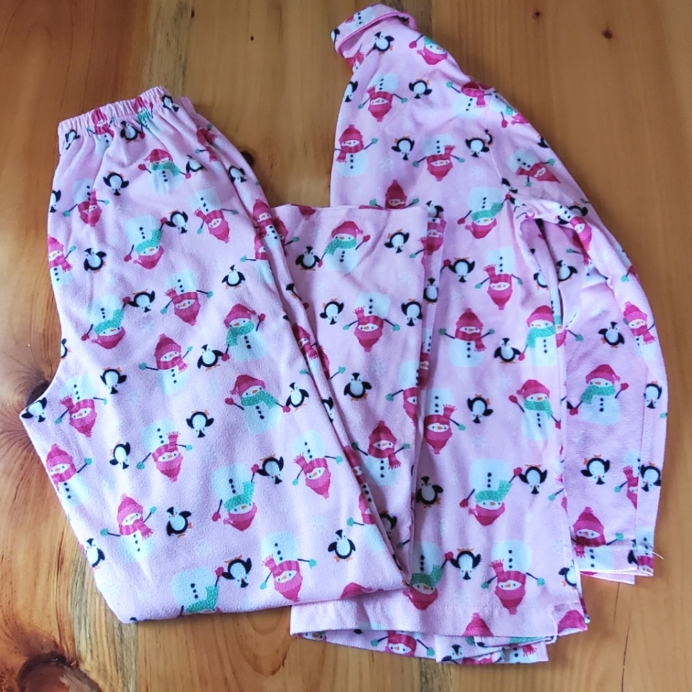 Girls Snowmen Print 2Pc Fleece Pajama Set Soft Warm Comfy Pink Size Medium